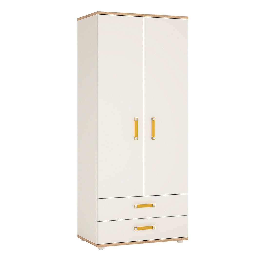 4Kids 2 Door 2 Drawer Wardrobe in Light Oak and white High Gloss (orange handles) - TidySpaces