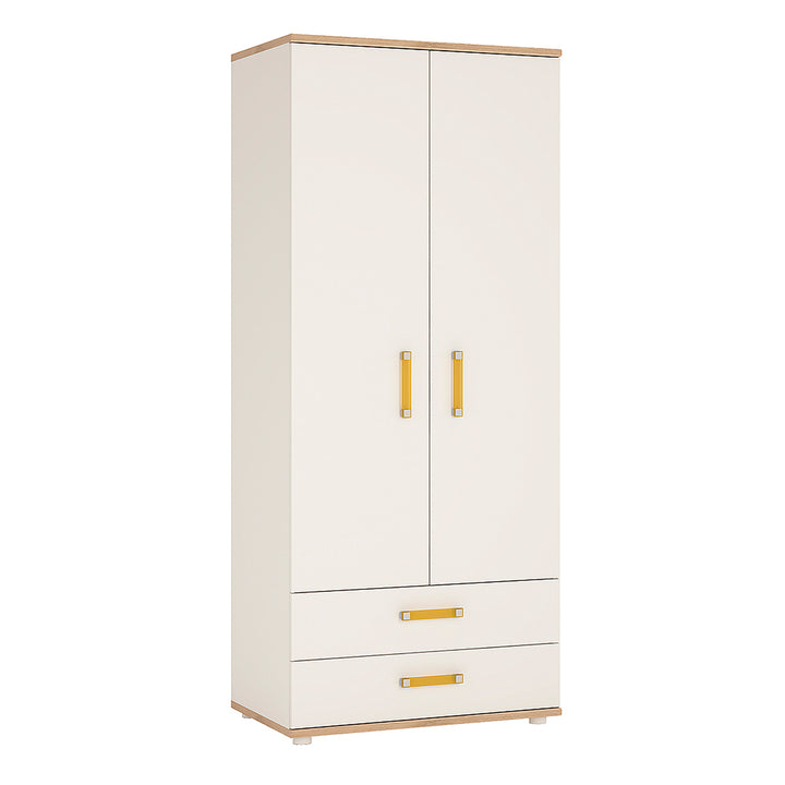 4Kids 2 Door 2 Drawer Wardrobe in Light Oak and white High Gloss (orange handles) - TidySpaces