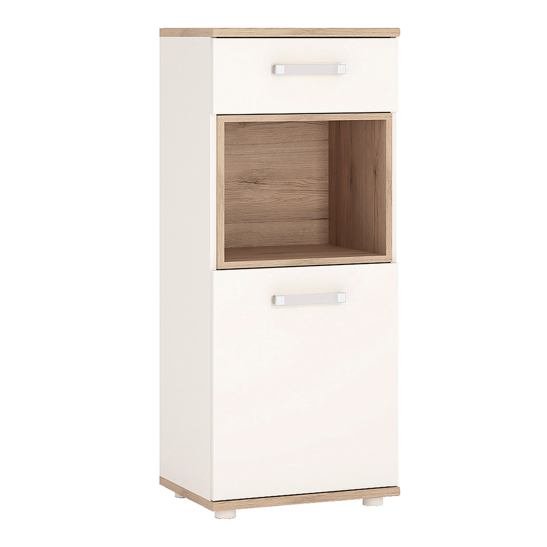 4Kids 1 Door 1 Drawer Narrow Cabinet in Light Oak and white High Gloss (opalino handles) - TidySpaces