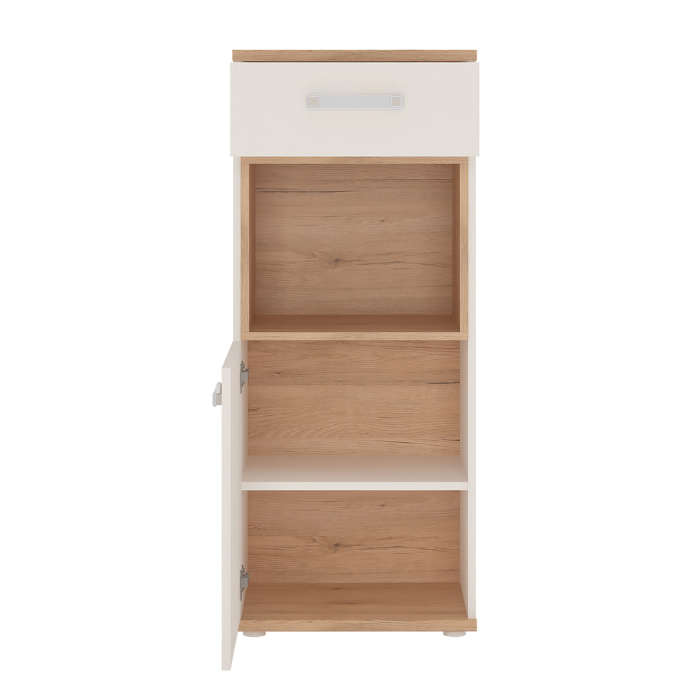 4Kids 1 Door 1 Drawer Narrow Cabinet in Light Oak and white High Gloss (opalino handles) - TidySpaces