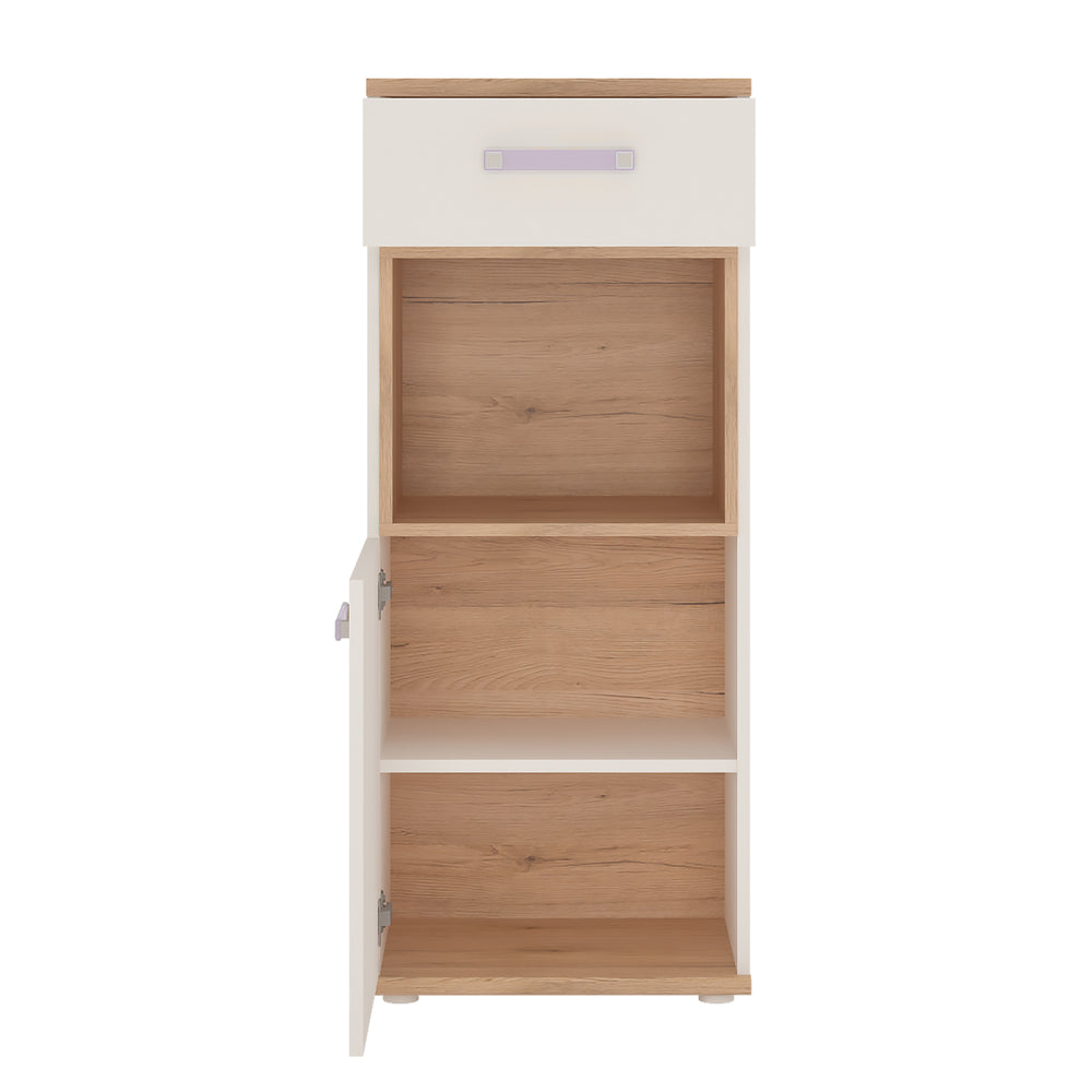 4Kids 1 Door 1 Drawer Narrow Cabinet in Light Oak and white High Gloss (lilac handles) - TidySpaces
