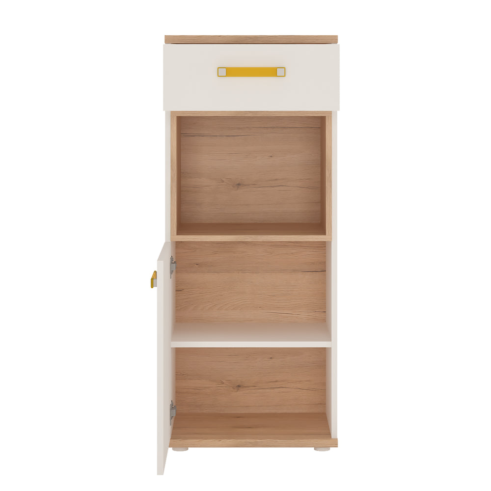 4Kids 1 Door 1 Drawer Narrow Cabinet in Light Oak and white High Gloss (orange handles) - TidySpaces