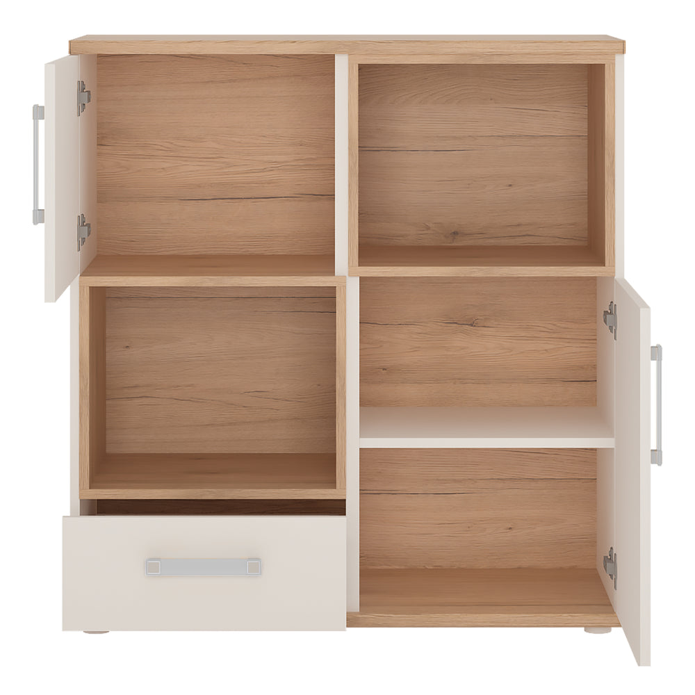 4Kids 2 Door 1 Drawer Cupboard with 2 open shelves in Light Oak and white High Gloss (opalino handles) - TidySpaces