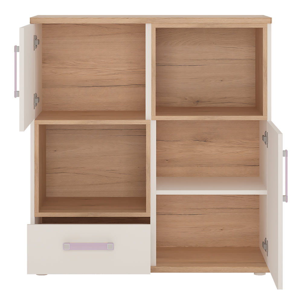 4Kids 2 Door 1 Drawer Cupboard with 2 open shelves in Light Oak and white High Gloss (lilac handles) - TidySpaces