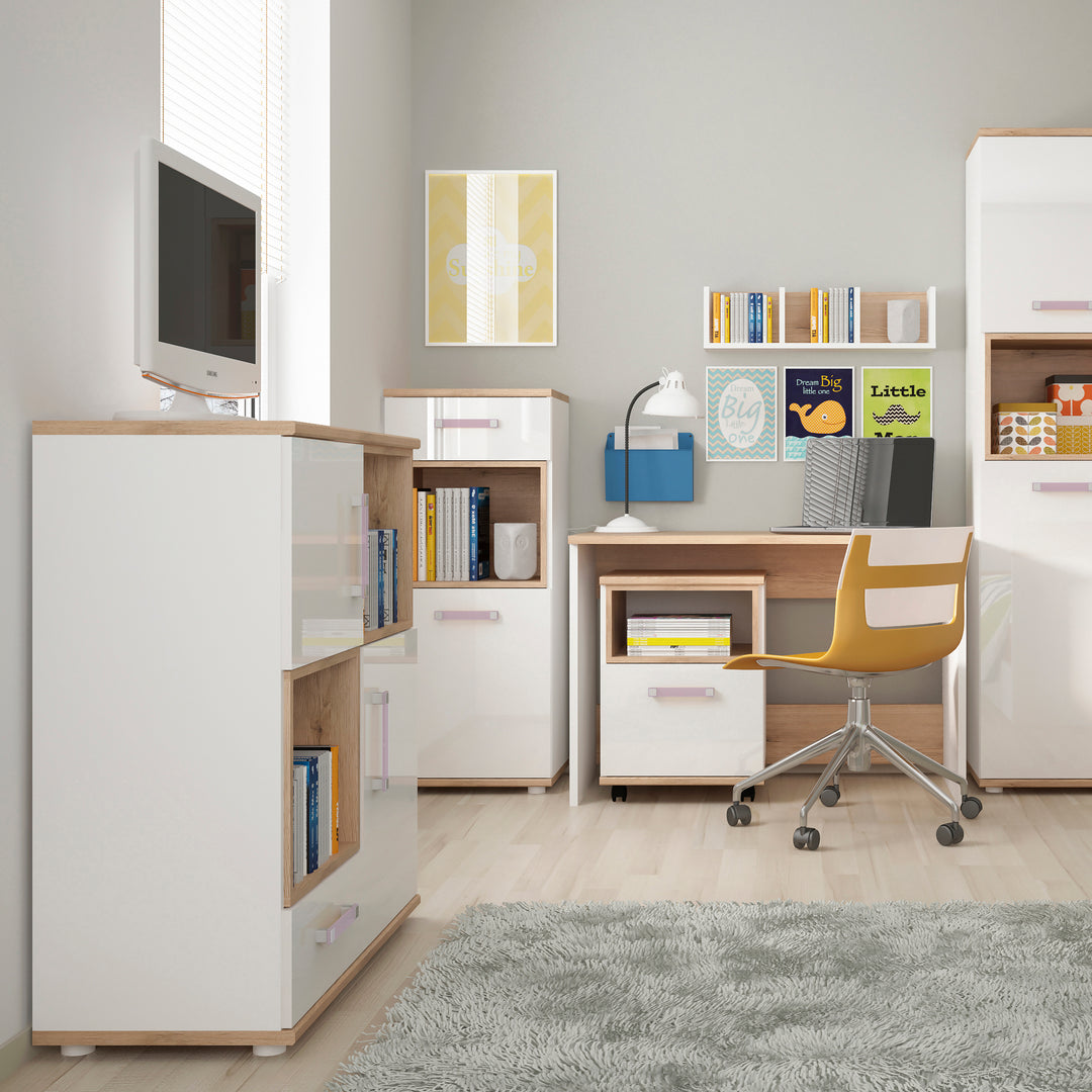 4Kids 2 Door 1 Drawer Cupboard with 2 open shelves in Light Oak and white High Gloss (lilac handles) - TidySpaces