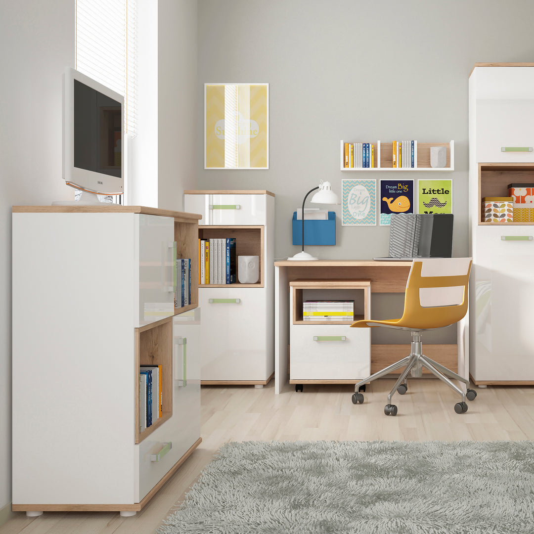 4Kids 2 Door 1 Drawer Cupboard with 2 open shelves in Light Oak and white High Gloss (lemon handles) - TidySpaces