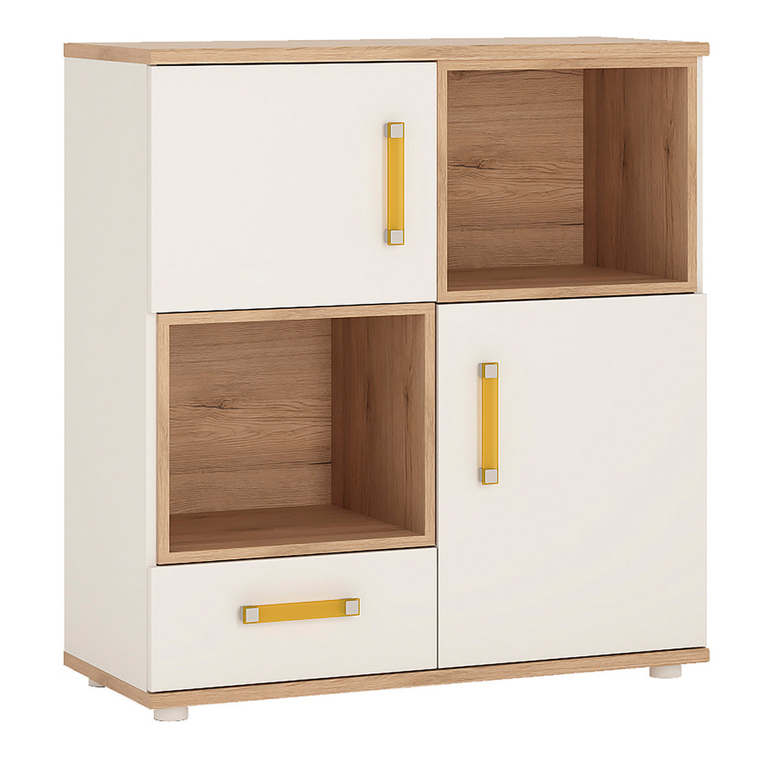4Kids 2 Door 1 Drawer Cupboard with 2 open shelves in Light Oak and white High Gloss (orange handles) - TidySpaces