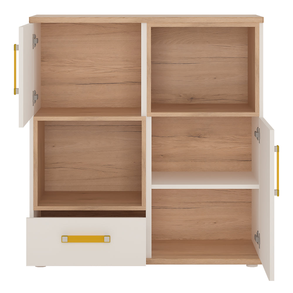 4Kids 2 Door 1 Drawer Cupboard with 2 open shelves in Light Oak and white High Gloss (orange handles) - TidySpaces