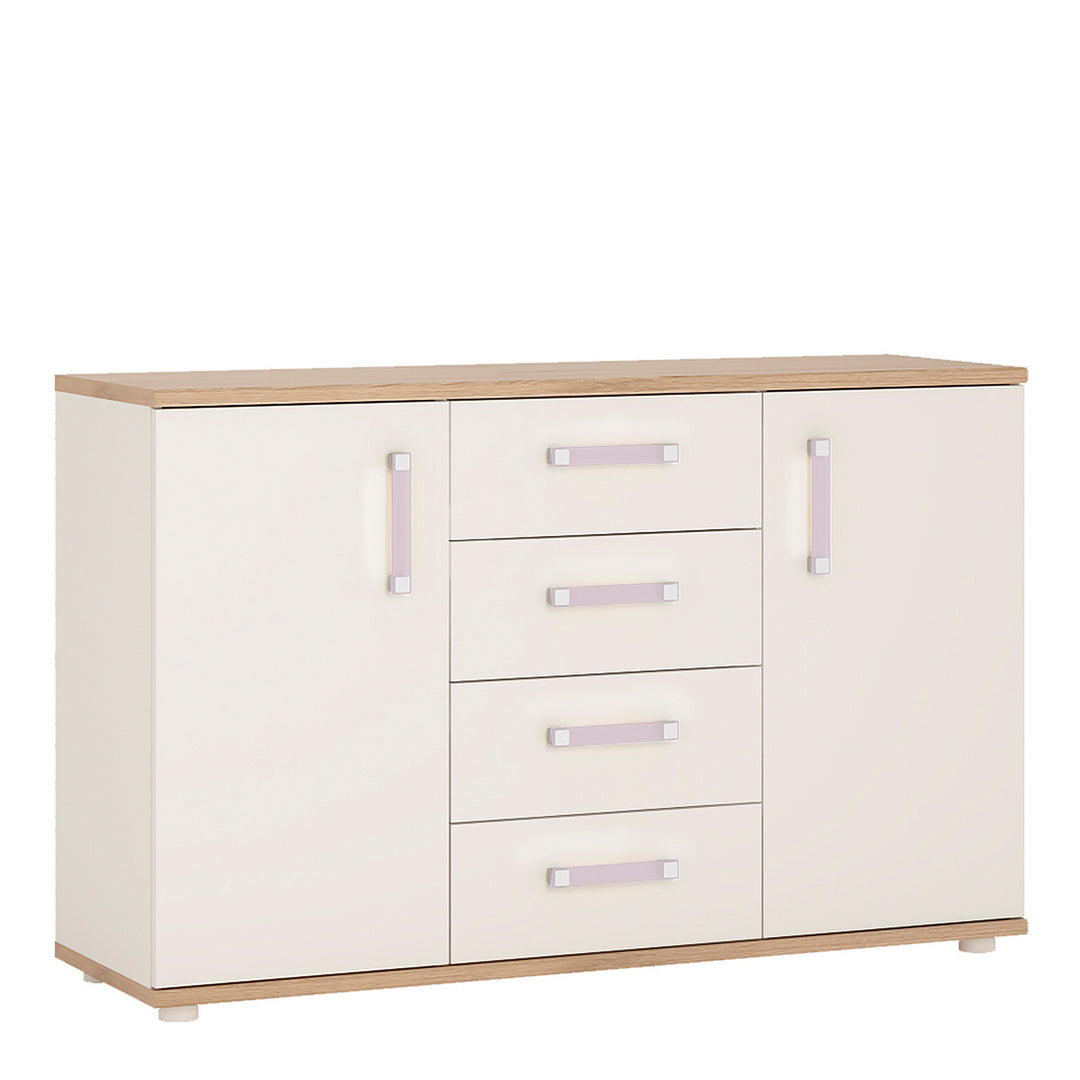4Kids 2 Door 4 Drawer Sideboard in Light Oak and white High Gloss (lilac handles) - TidySpaces