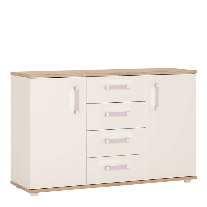 4Kids 2 Door 4 Drawer Sideboard in Light Oak and white High Gloss (lilac handles) - TidySpaces