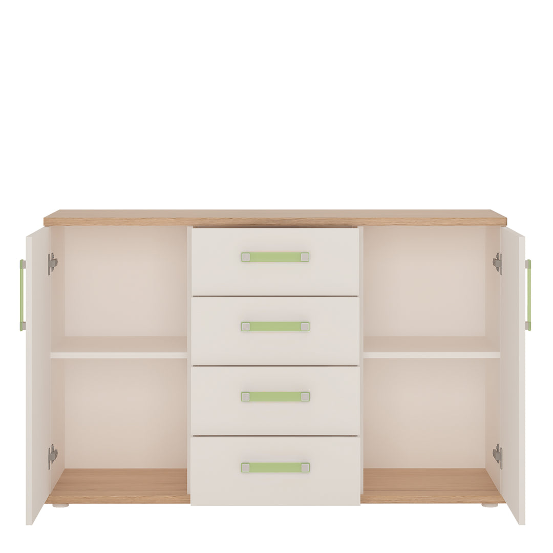 4Kids 2 Door 4 Drawer Sideboard in Light Oak and white High Gloss (lemon handles) - TidySpaces