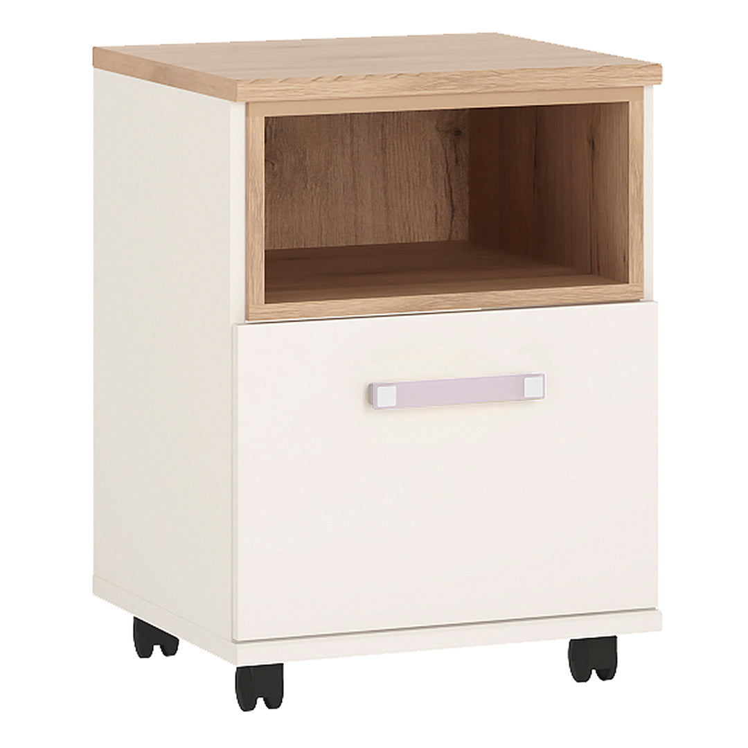 4Kids 1 Door Desk Mobile in Light Oak and white High Gloss (lilac handles) - TidySpaces