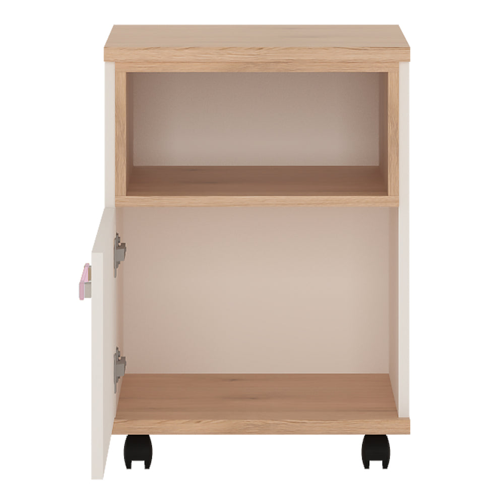4Kids 1 Door Desk Mobile in Light Oak and white High Gloss (lilac handles) - TidySpaces
