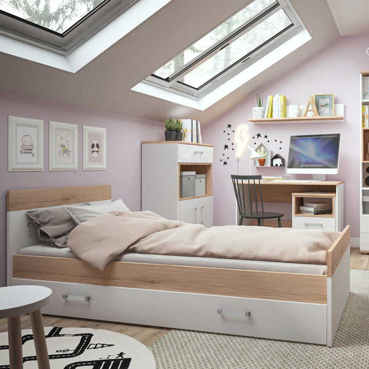 4Kids Single Bed with under Drawer in Light Oak and white High Gloss (opalino handles) - TidySpaces