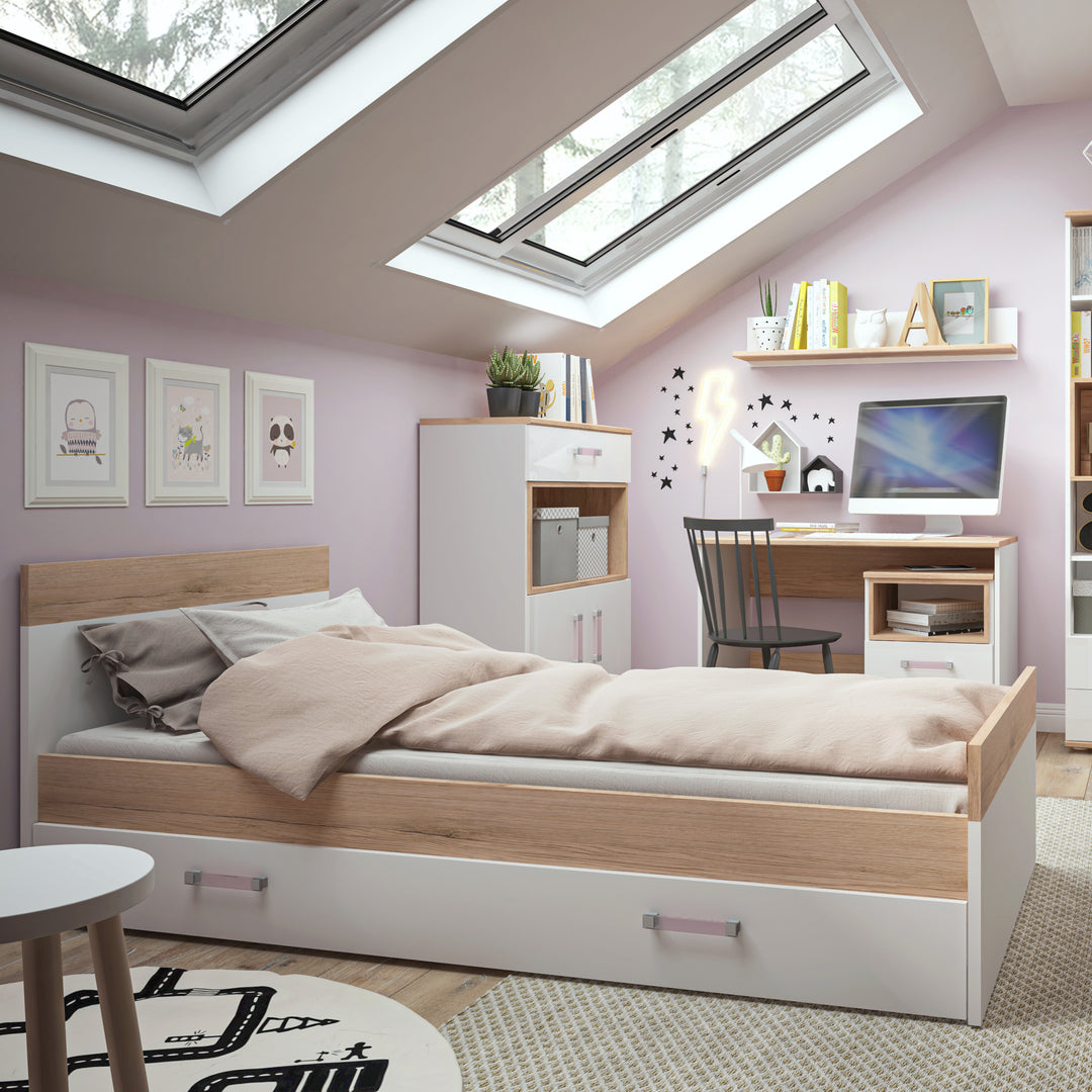 4Kids Single Bed with under Drawer in Light Oak and white High Gloss (lilac handles) - TidySpaces