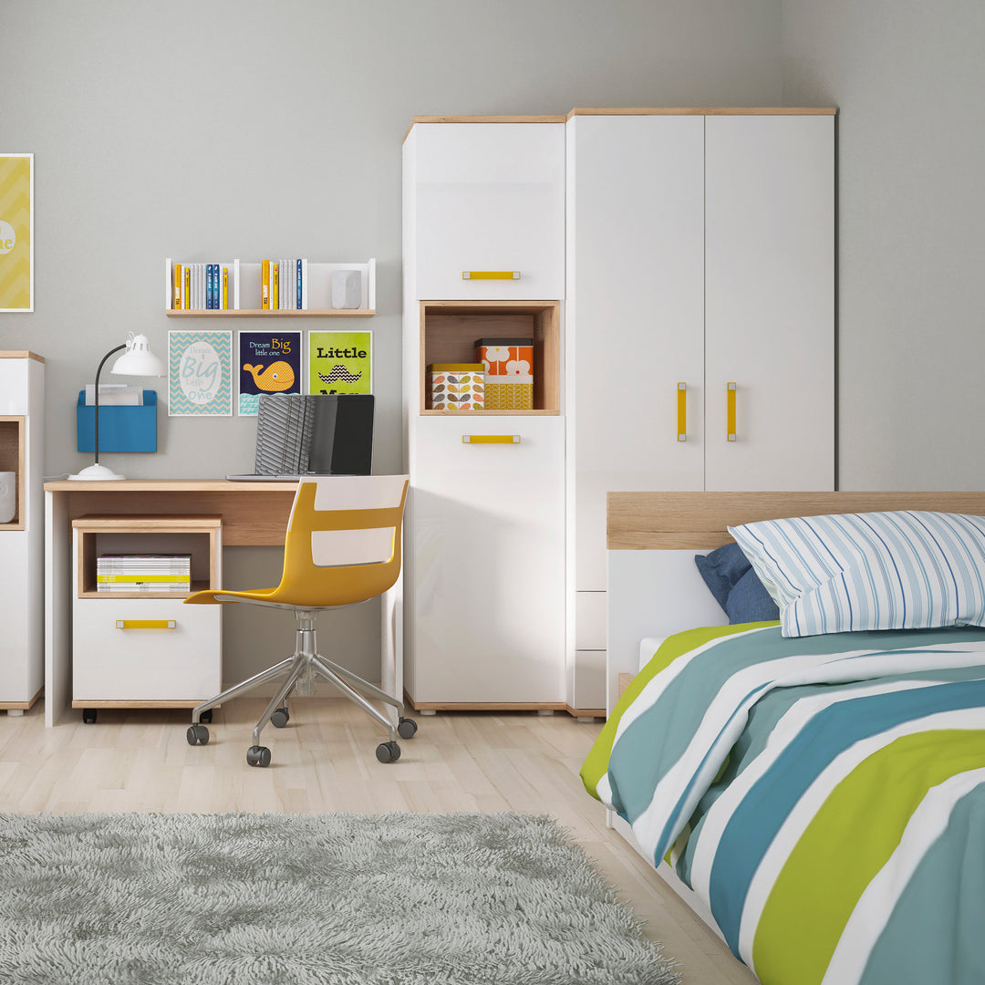4Kids Single Bed with Underbed Drawer in Light Oak and white High Gloss (orange handles) - TidySpaces