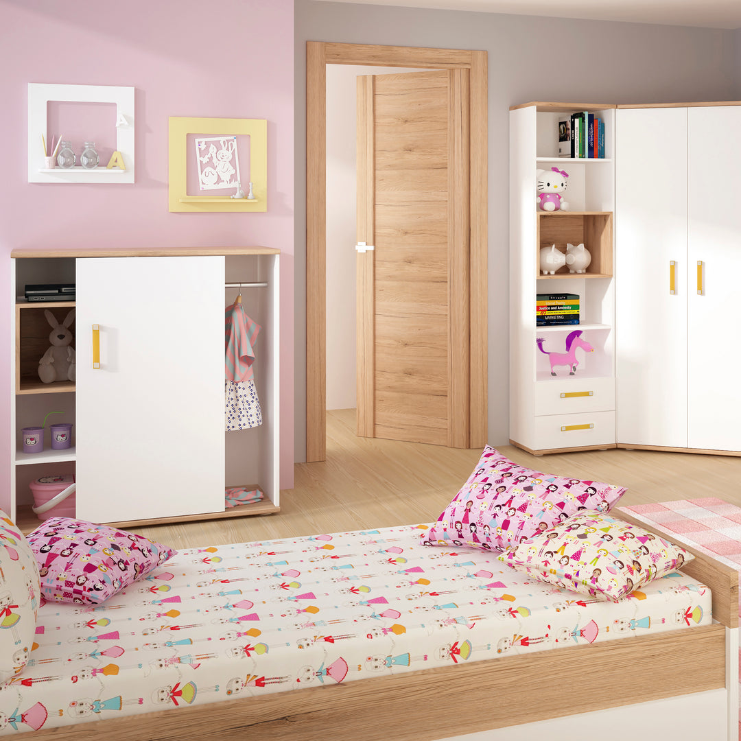 4Kids Single Bed with Underbed Drawer in Light Oak and white High Gloss (orange handles) - TidySpaces