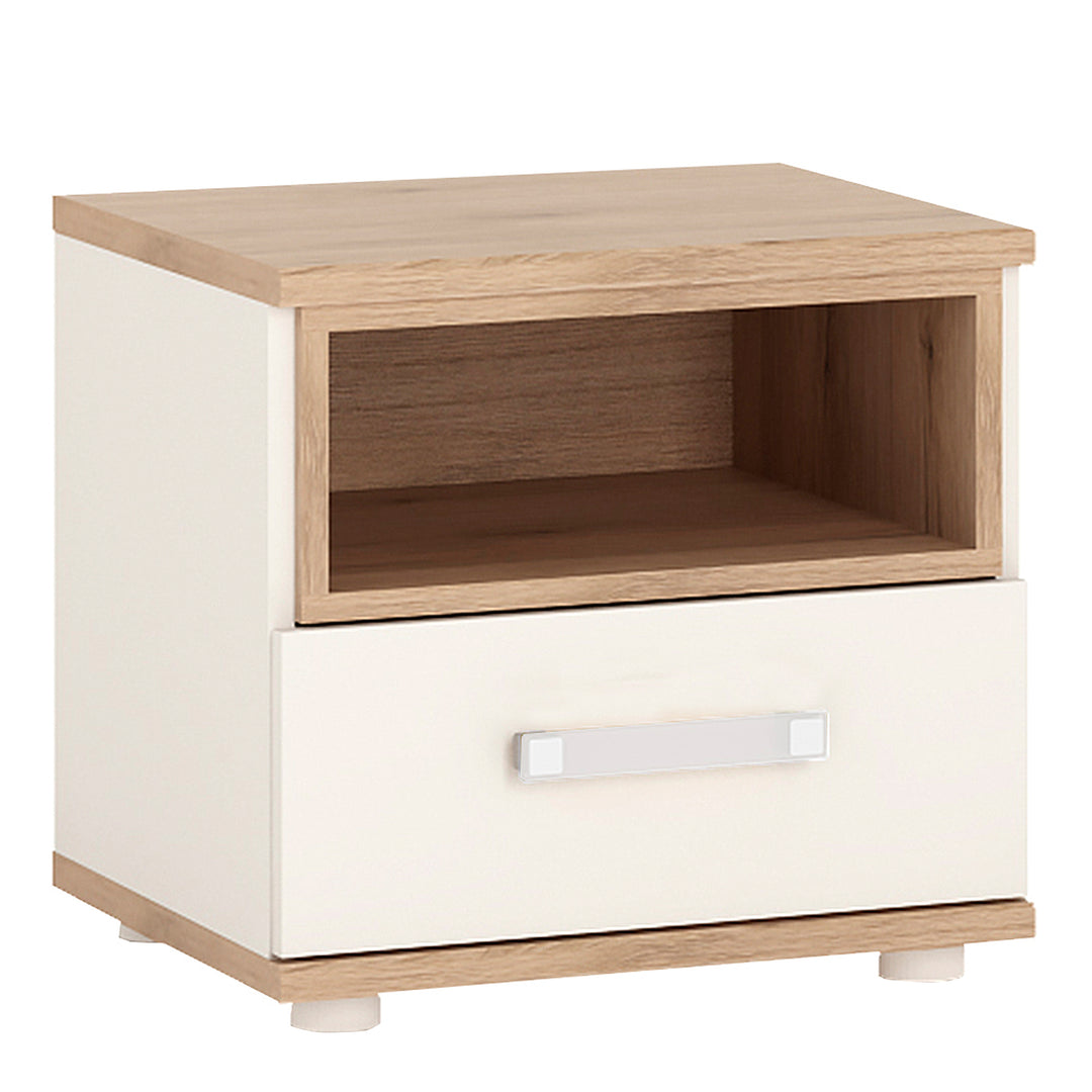 4Kids 1 Drawer bedside Cabinet in Light Oak and white High Gloss (opalino handles) - TidySpaces