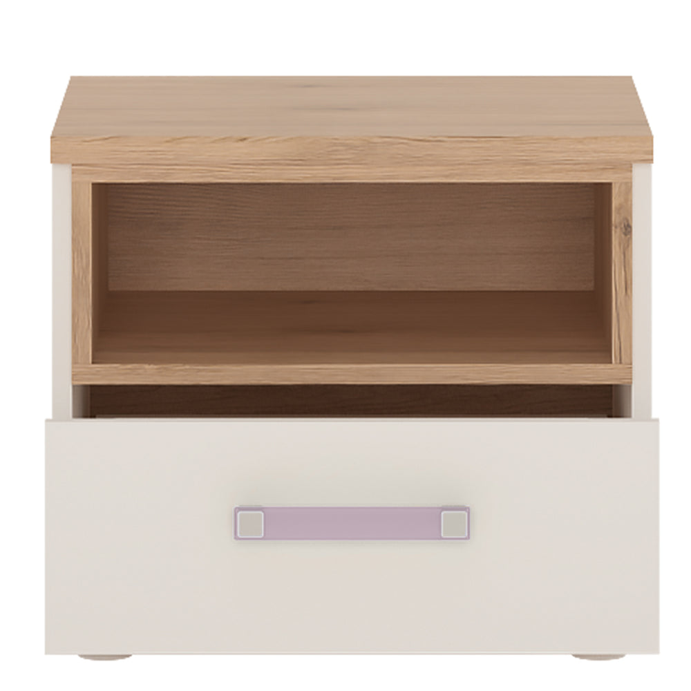 4Kids 1 Drawer bedside Cabinet in Light Oak and white High Gloss (lilac handles) - TidySpaces
