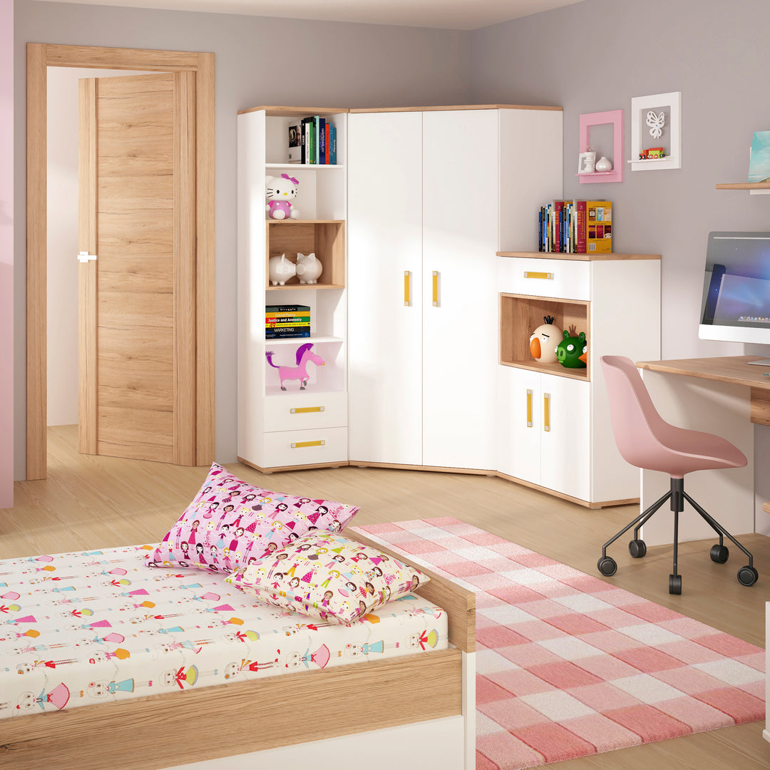 4Kids 1 Drawer bedside Cabinet in Light Oak and white High Gloss (orange handles) - TidySpaces