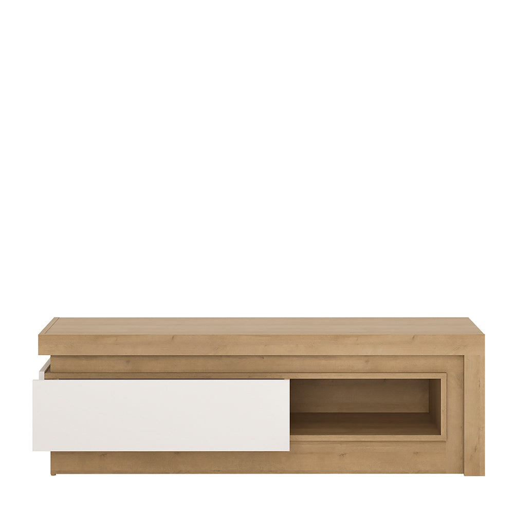 Lyon 1 drawer TV cabinet with open shelf in Riviera Oak/White High Gloss - TidySpaces