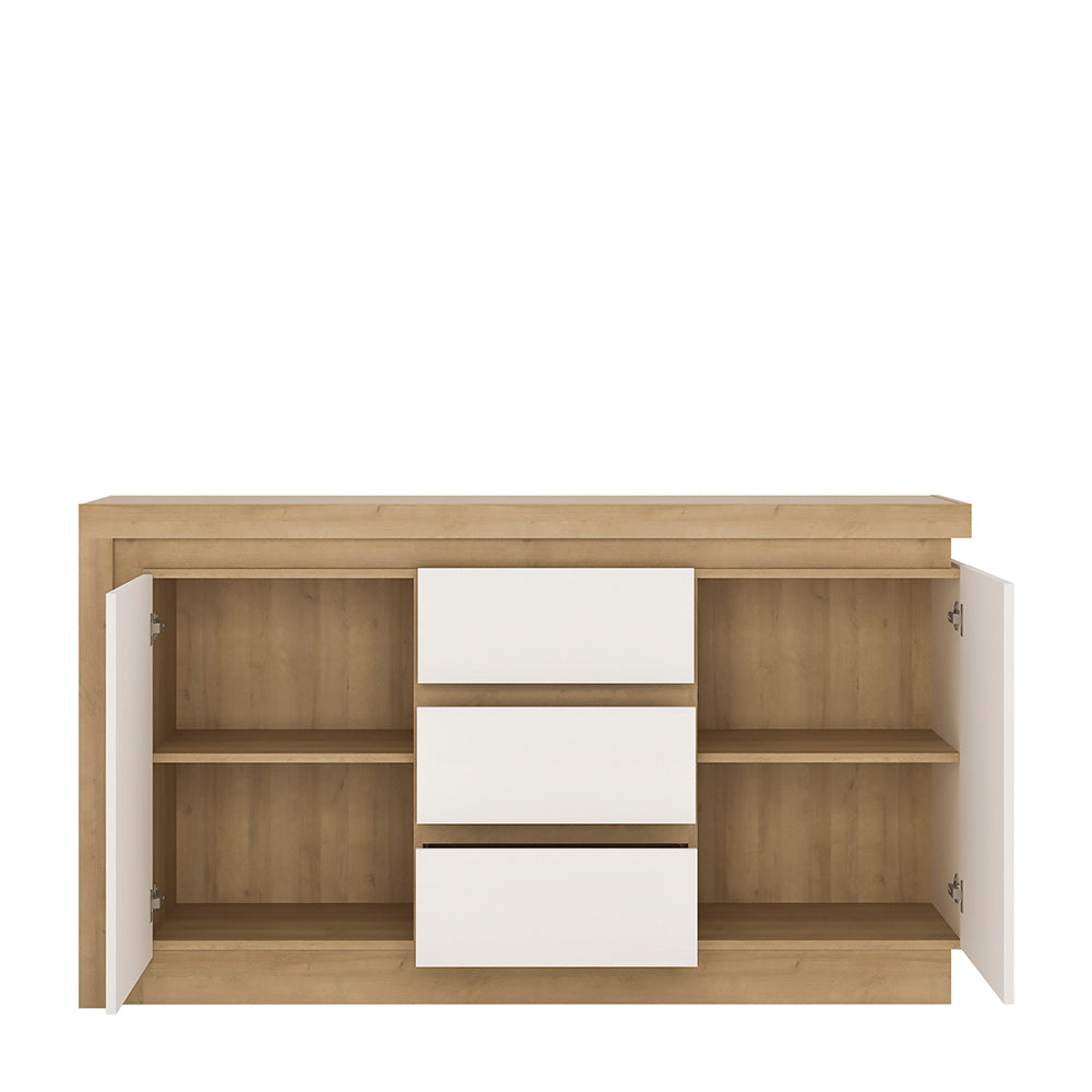 Lyon 2 door 3 drawer sideboard in Riviera Oak/White High Gloss - TidySpaces