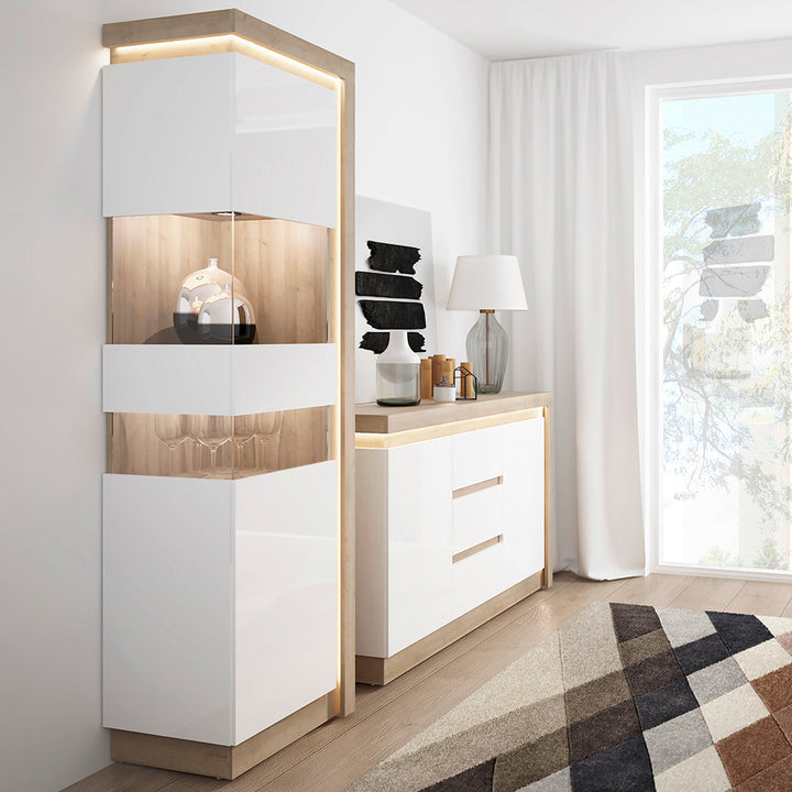 Lyon Tall narrow display cabinet (LHD) in Riviera Oak/White High Gloss - TidySpaces