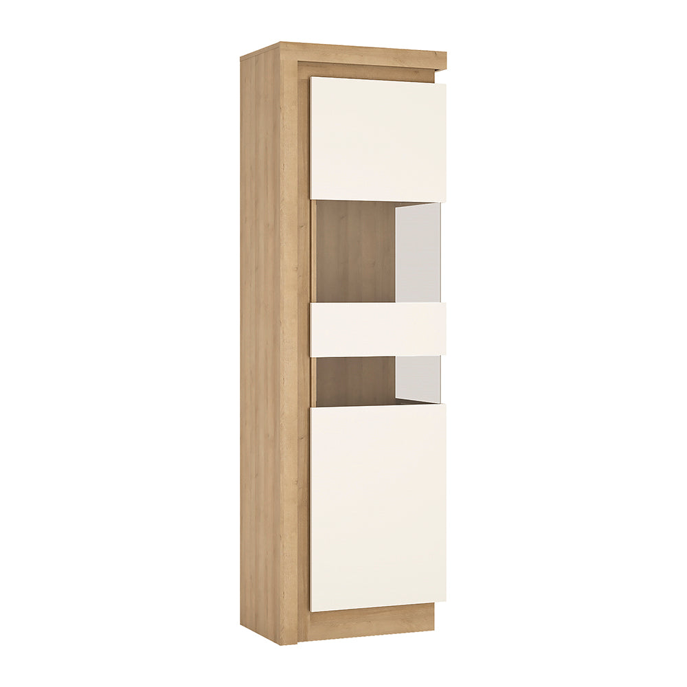 Lyon Tall narrow display cabinet (RHD) in Riviera Oak/White High Gloss - TidySpaces