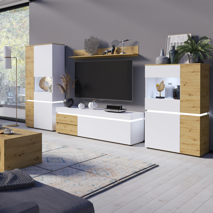 Luci 4 door low display cabinet  (including LED lighting) in White and Oak - TidySpaces