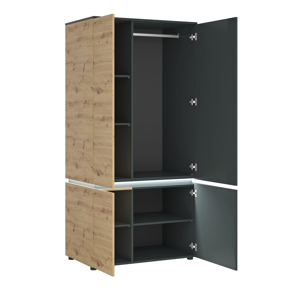 Luci 4 door wardrobe (including LED lighting) in Platinum and Oak - TidySpaces