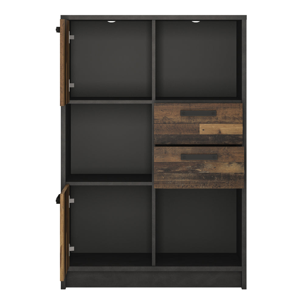 Brooklyn Low Bookcase with 2 Doors and 2 Drawers in Walnut and Dark Matera Grey - TidySpaces