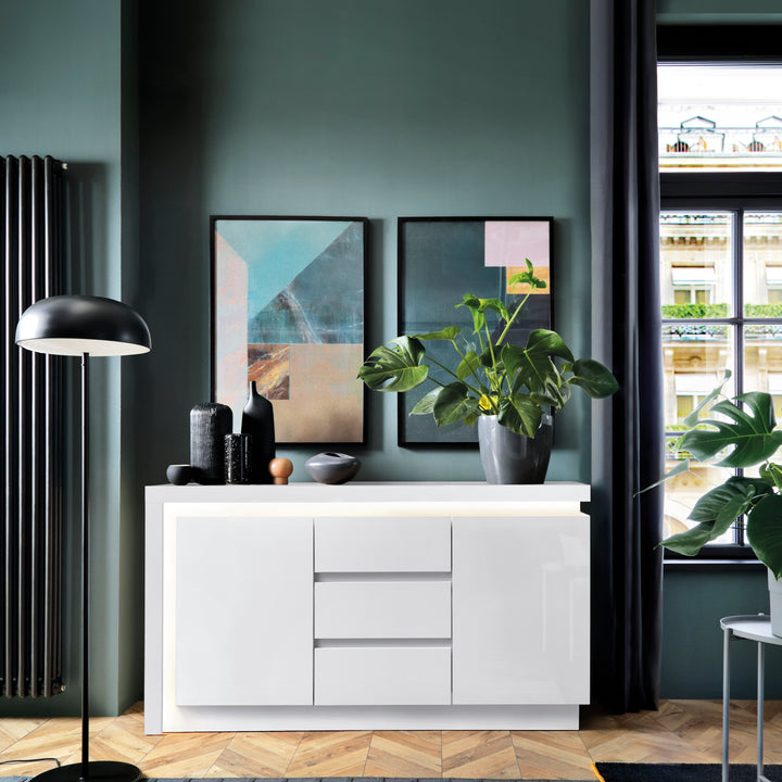 Lyon 2 Door 3 Drawer Sideboard (including LED lighting) in White and High Gloss - TidySpaces