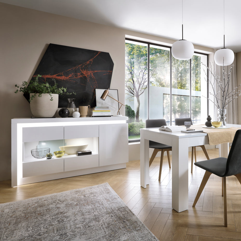 Lyon 3 door glazed sideboard (including LED lighting) in White and High Gloss - TidySpaces