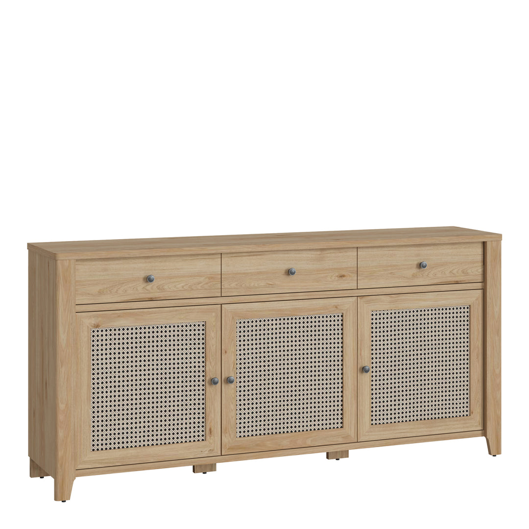 Cestino 3 Door 3 Drawer Sideboard in Jackson Hickory Oak and Rattan Effects - TidySpaces