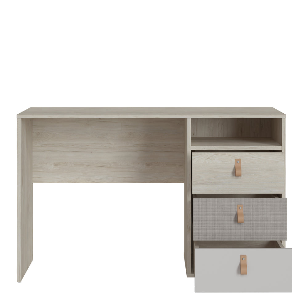 Denim 3 Drawer Desk in Light Walnut, Grey Fabric Effect and Cashmere - TidySpaces