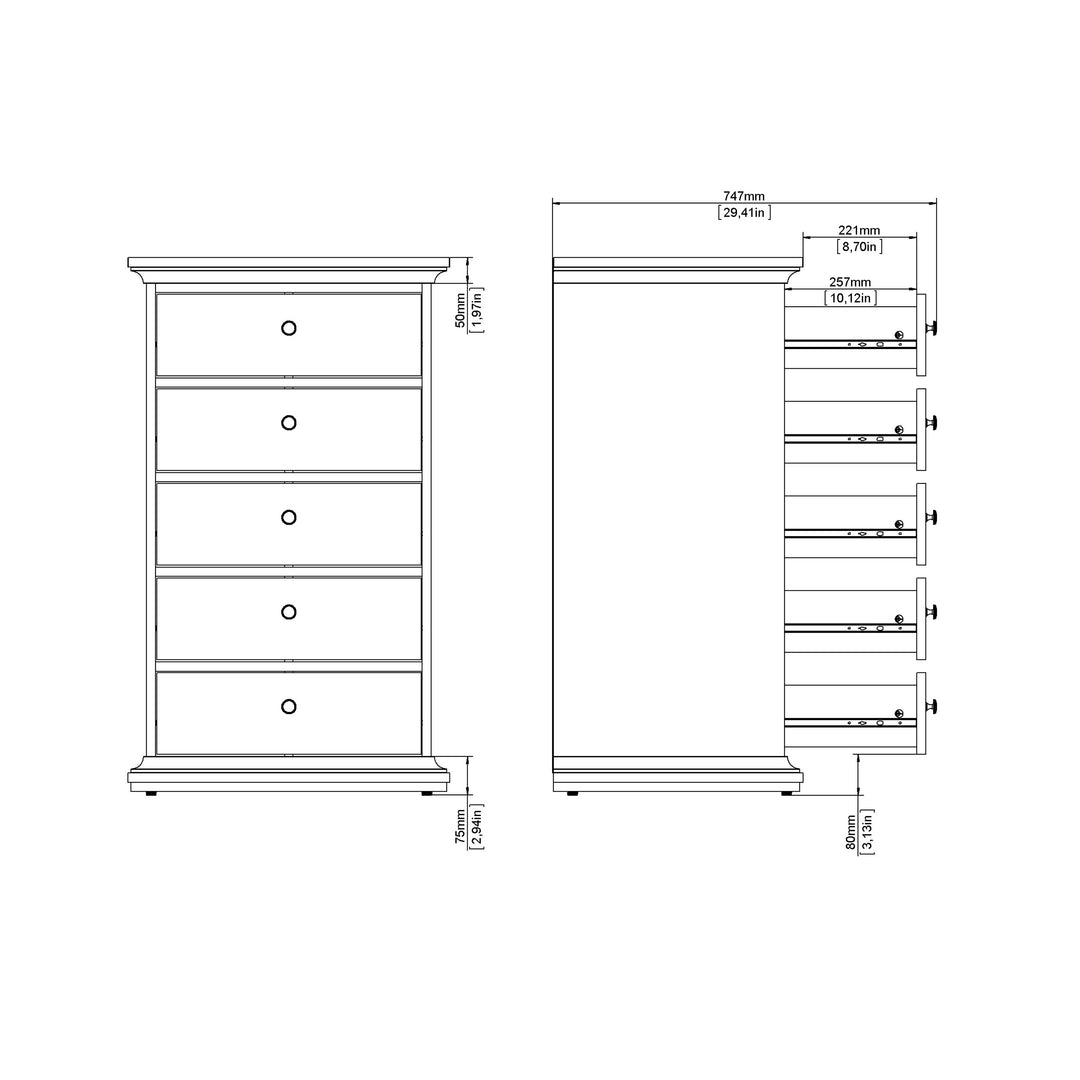 Paris Chest 5 drawers in White - TidySpaces
