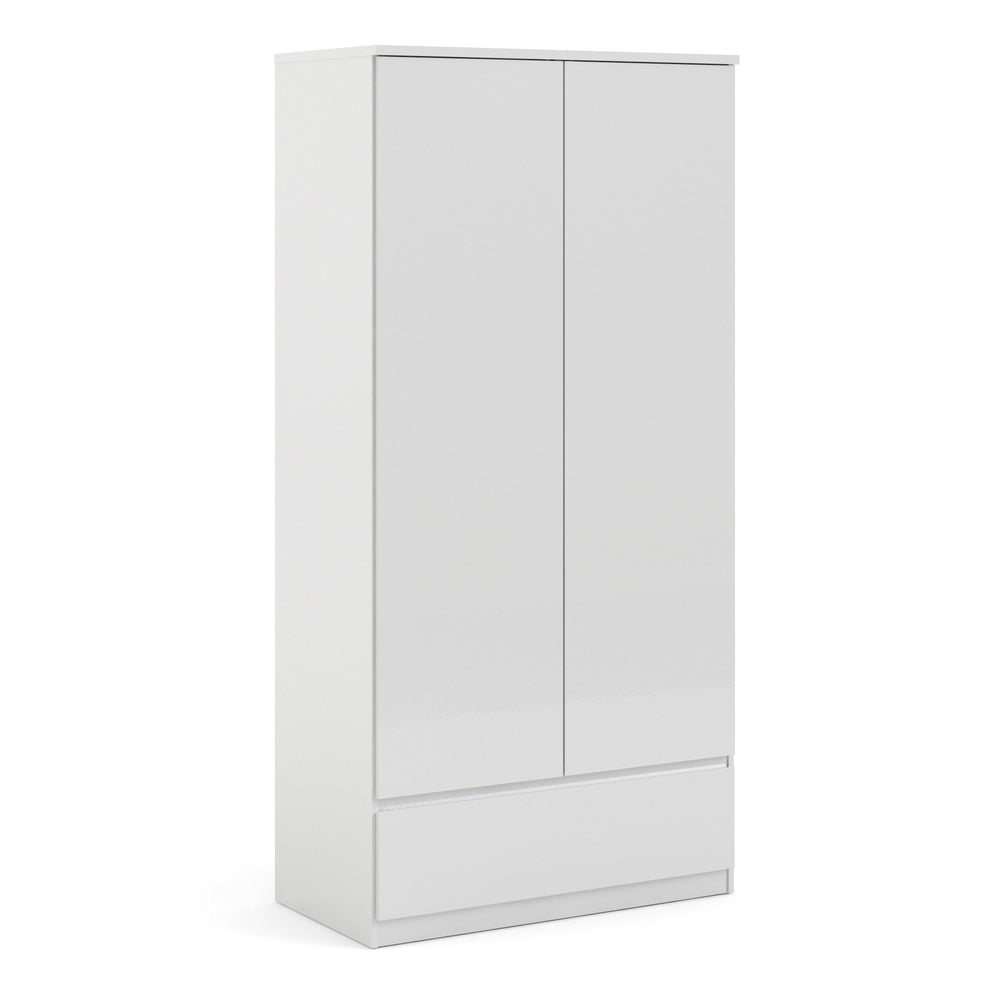 Naia Wardrobe with 2 doors + 1 drawer in White High Gloss - TidySpaces