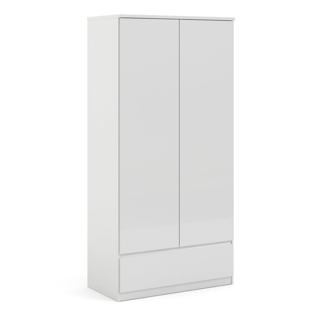 Naia Wardrobe with 2 doors + 1 drawer in White High Gloss - TidySpaces