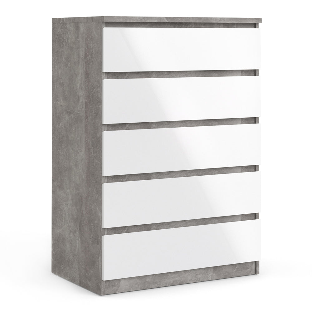 Naia Chest of 5 Drawers in Concrete and White High Gloss - TidySpaces