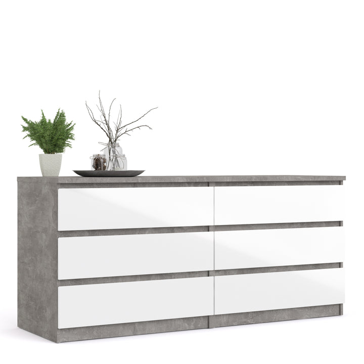 Naia Wide Chest of 6 Drawers (3+3) in Concrete and White High Gloss - TidySpaces