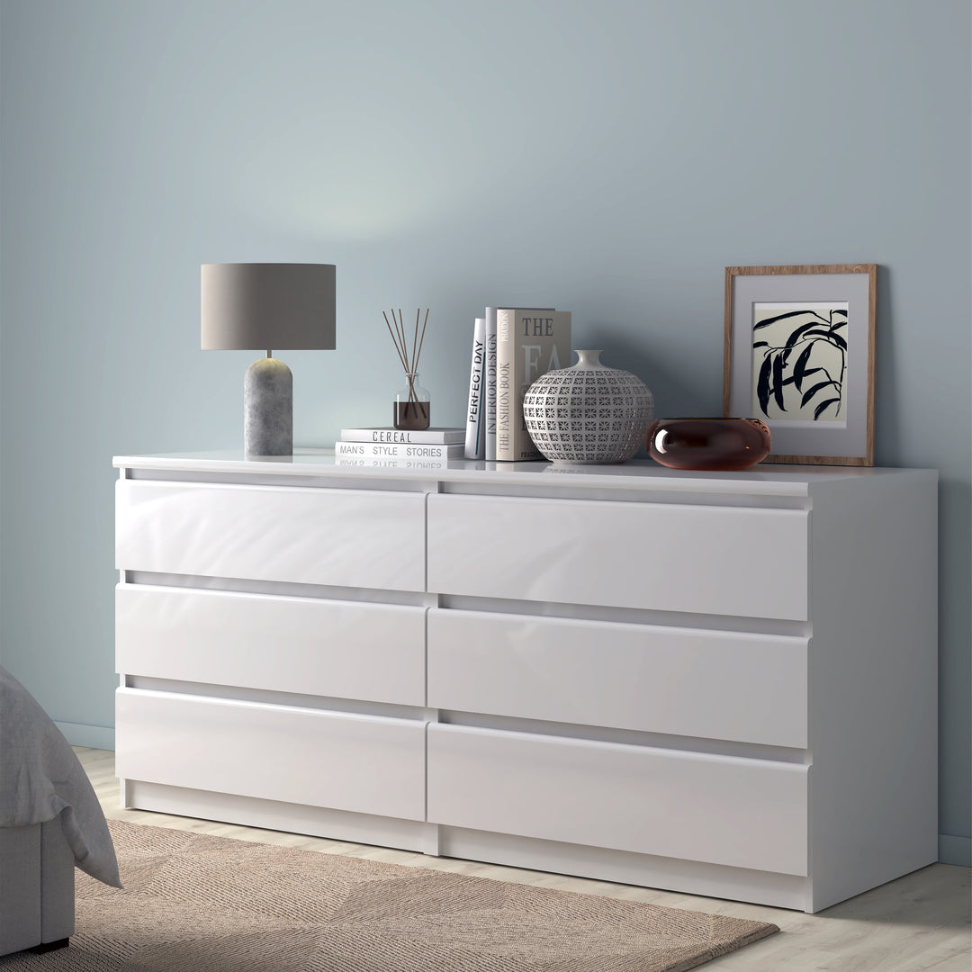 Naia Wide Chest of 6 Drawers (3+3) in White High Gloss - TidySpaces