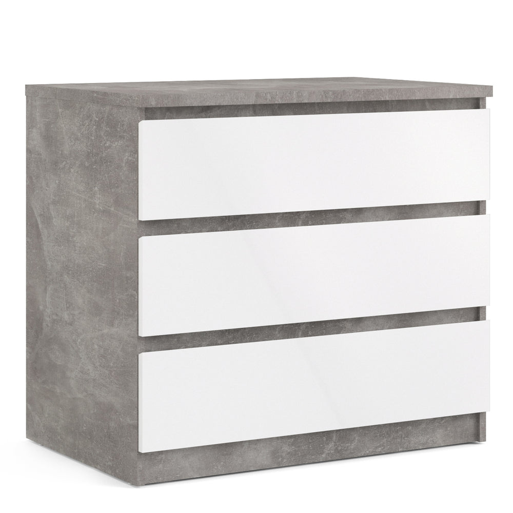 Naia Chest of 3 Drawers in Concrete and White High Gloss - TidySpaces