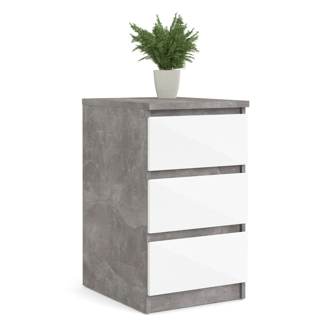 Naia Bedside 3 Drawers in Concrete and White High Gloss - TidySpaces