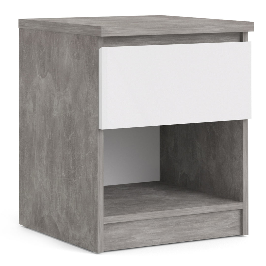 Naia Bedside 1 Drawer 1 Shelf in Concrete and White High Gloss - TidySpaces