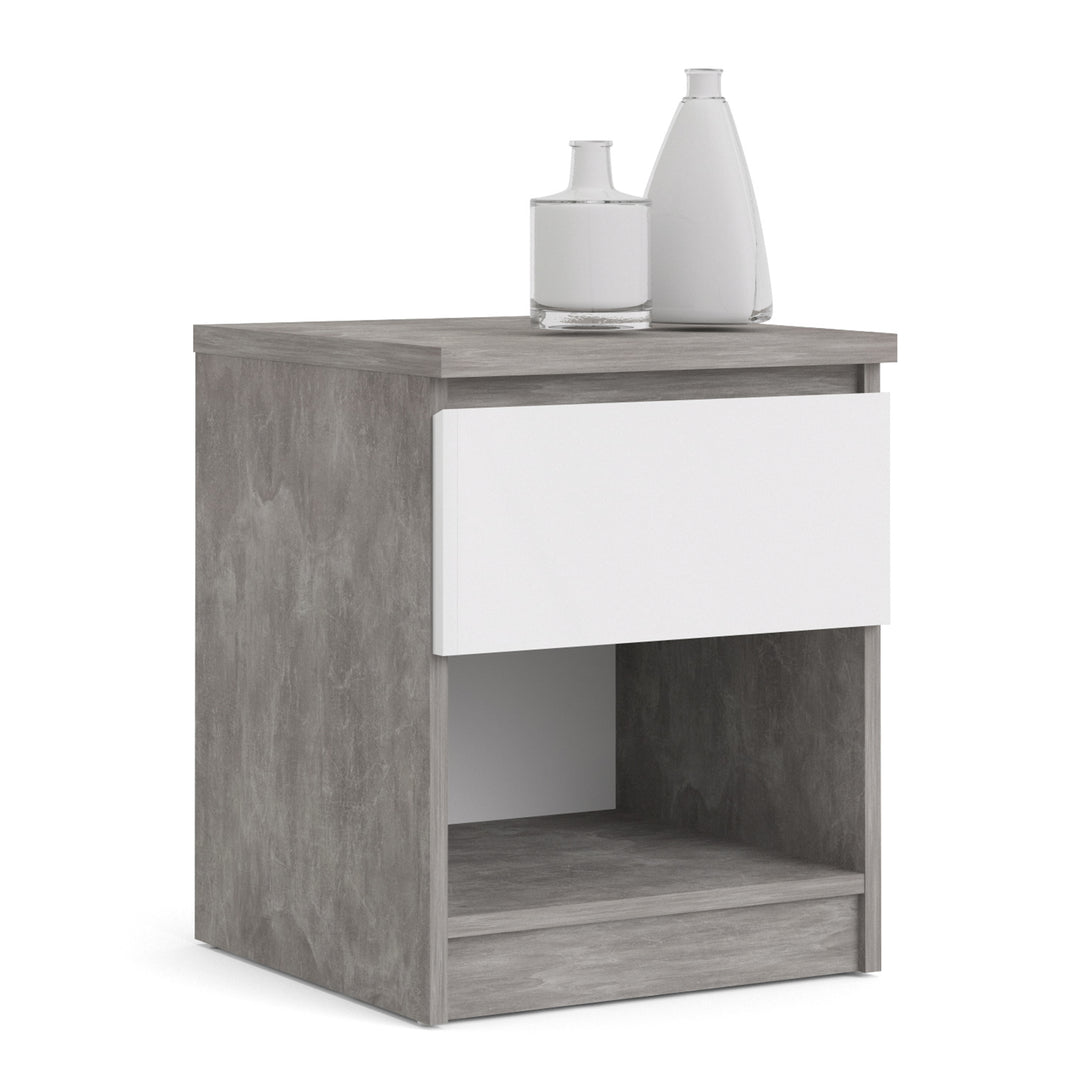 Naia Bedside 1 Drawer 1 Shelf in Concrete and White High Gloss - TidySpaces