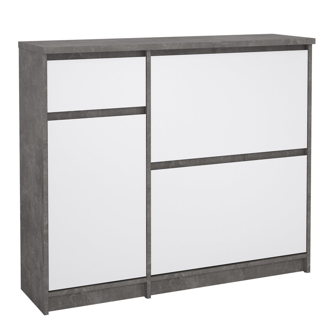 Naia Shoe Cabinet with 2 Shoe Compartments, 1 Door and 1 Drawer in Concrete and White High Gloss - TidySpaces