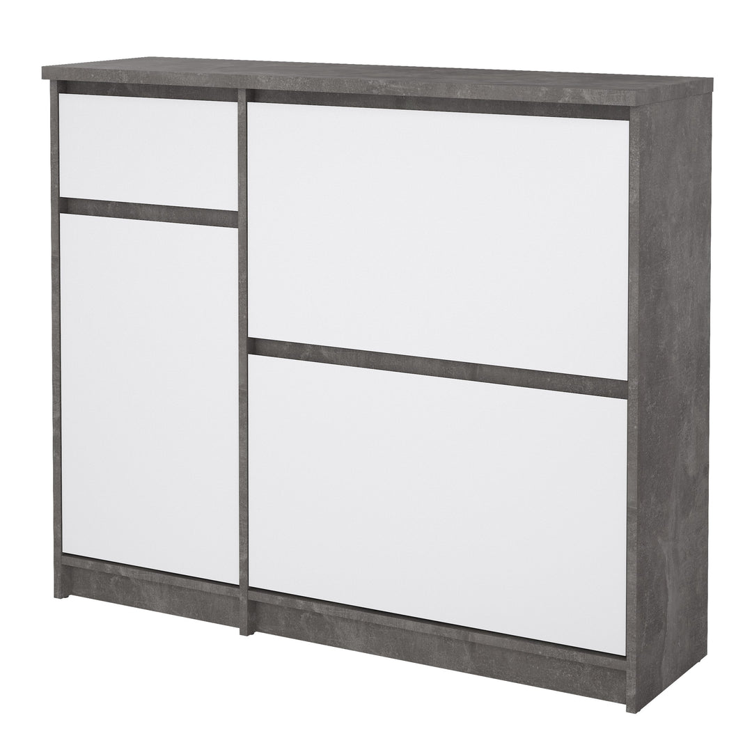 Naia Shoe Cabinet with 2 Shoe Compartments, 1 Door and 1 Drawer in Concrete and White High Gloss - TidySpaces