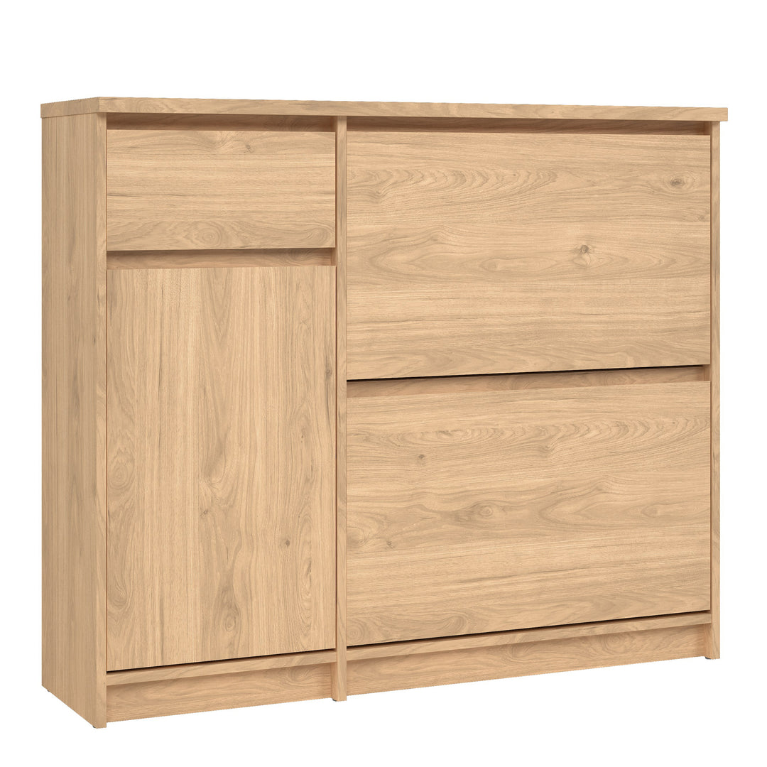 Naia Shoe Cabinet with 2 Shoe Compartments, 1 Door and 1 Drawer in Jackson Hickory Oak - TidySpaces