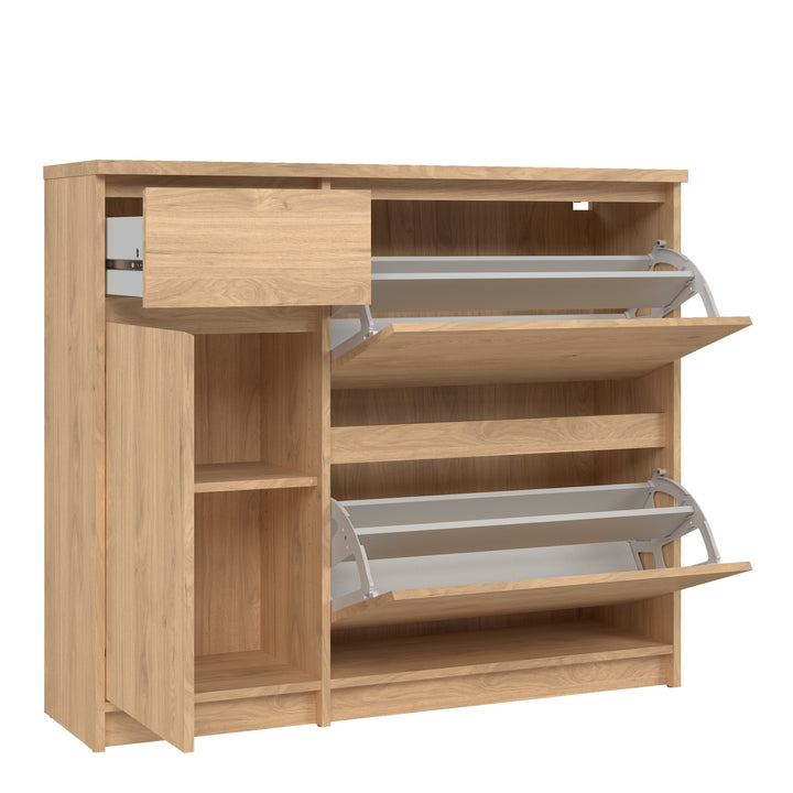 Naia Shoe Cabinet with 2 Shoe Compartments, 1 Door and 1 Drawer in Jackson Hickory Oak - TidySpaces
