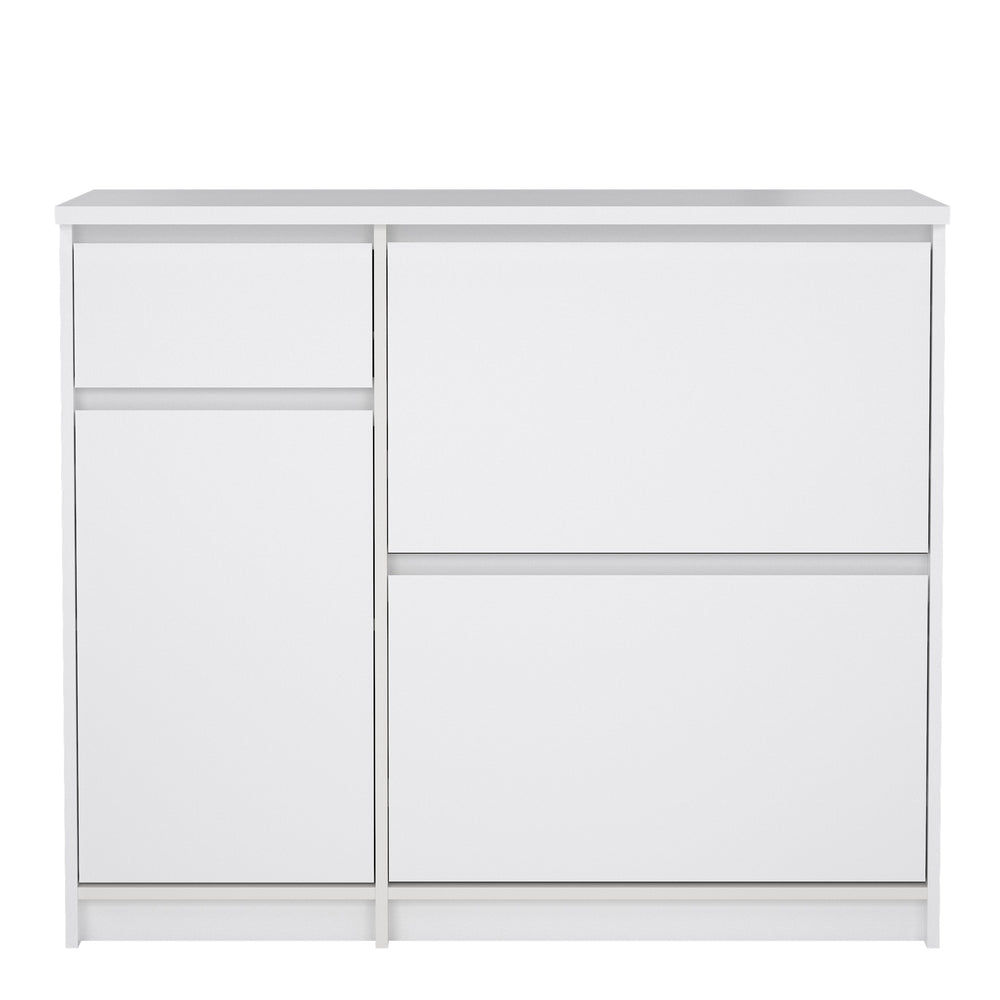 Naia Shoe Cabinet with 2 Shoe Compartments, 1 Door and 1 Drawer in White High Gloss - TidySpaces